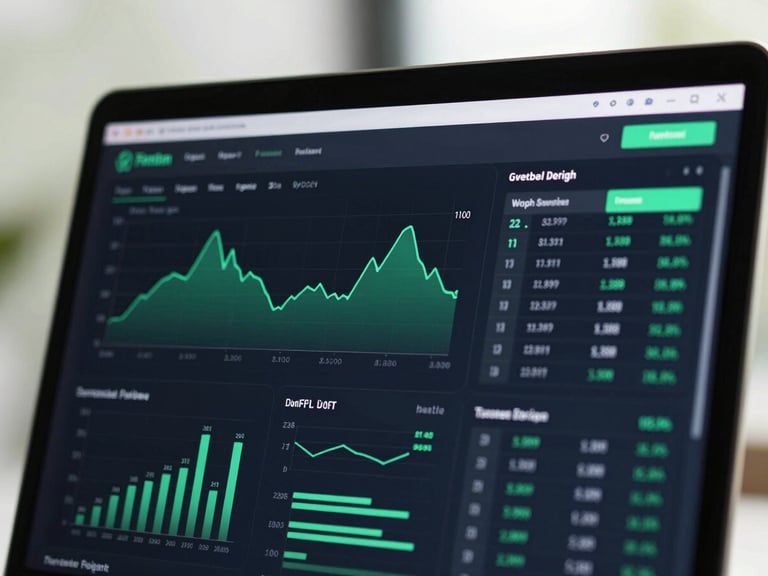 Screen close-up of a vibrant fintech dashboard, showing clean financial charts and transaction histories, modern UI design, dark interface with emerald green accents