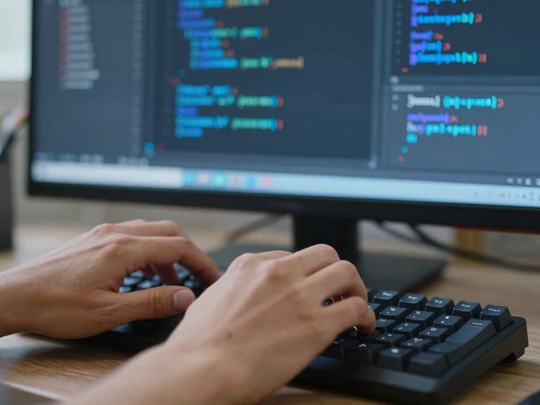 A close-up of developer hands typing clean code on a mechanical keyboard, code editor visible in soft focus with vibrant blue syntax highlighting