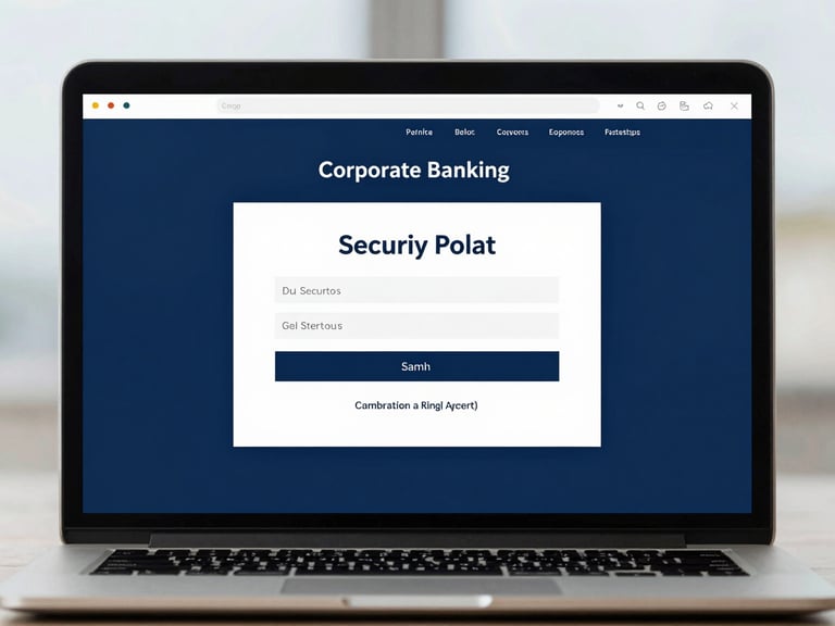 High-fidelity interface of a corporate banking portal on a laptop screen, clean typography, secure login screen with deep blue brand colors