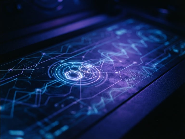 Abstract digital interface, dark moody technology photography with electric blue and violet ambient lighting, clean minimalist composition, 35mm lens