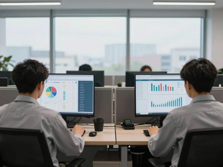 Environmental wide shot of a real office interior, two people seated at separate workstations visible from behind, screens showing analytics dashboards with ranking charts and traffic graphs, overcast daylight through large windows, clean uncluttered space, mid-depth focus