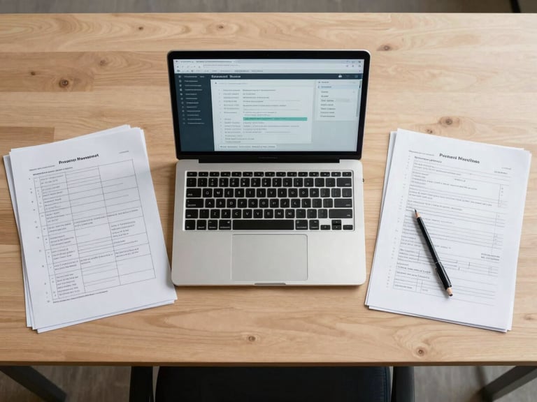 Overhead angle looking straight down at a large desk with an open laptop showing a project management interface, printed wireframe sheets arranged beside it, a mechanical pencil resting on annotations, controlled studio lighting, no people in frame, clean and precise composition