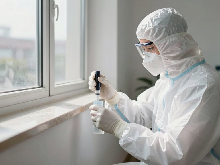 A professional technician in clean, modern white protective gear applying a targeted chemical barrier along a clean apartment baseboard, bright natural daylight.