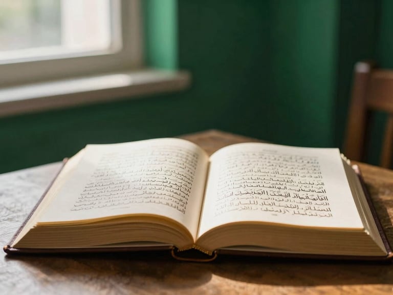 Warm editorial photography of an open classical leather-bound book, pages showing elegant Arabic script, soft natural window light, deep emerald background, shallow depth of field