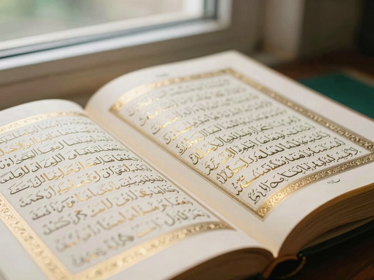 Warm editorial close-up of an open classical Quran manuscript with elegant gold calligraphy on thick cream paper, soft natural window light, shallow depth of field, 35mm