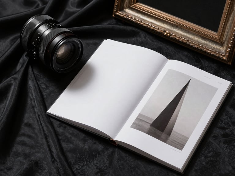 A curated flat-lay of editorial styling elements, including a heavy black silk fabric, an archival gallery frame, and a minimalist design book, hard directional light.