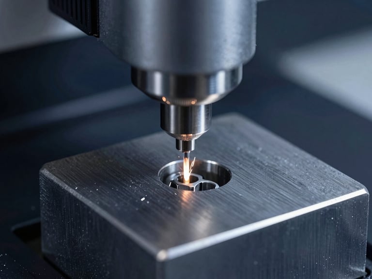 Macro close-up of a Wire EDM machine cutting a hardened steel block, showing the fine wire and spark discharge, crisp industrial product photography, cool studio lighting.