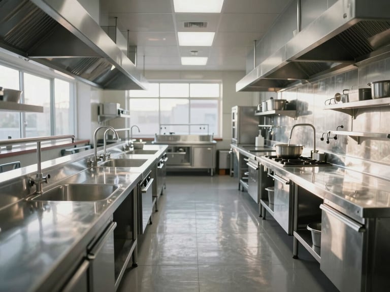 Immaculate empty commercial kitchen prep line, stainless steel counters reflecting clean morning daylight, geometric symmetry, wide-angle framing.