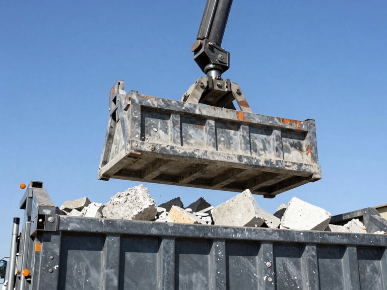 Close-up, low-angle heroic shot of heavy truck hydraulics lifting a roll-off dumpster filled with concrete debris, bright California daylight, sharp focus.