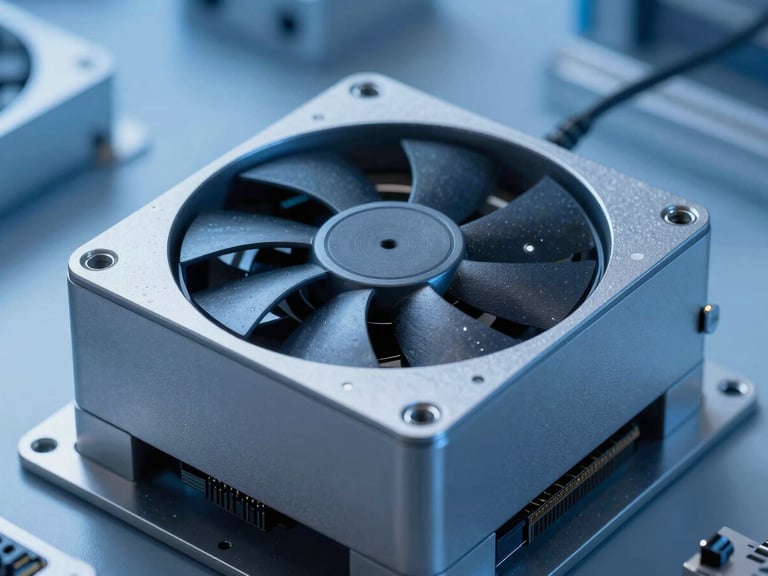 Close-up of a rugged aluminum fanless PC chassis operating on a modern automotive assembly line, metallic textures, cool blue studio lighting.