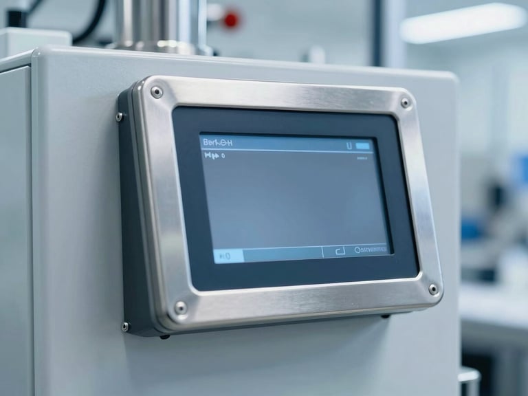Stainless steel touch panel PC mounted on a clinical pharmaceutical production line, cleanroom environment, soft white lighting.