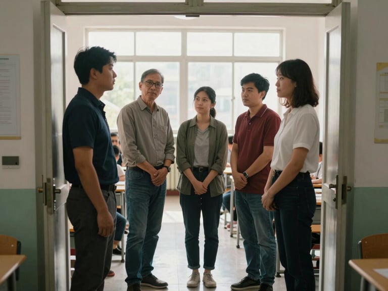 Small group of parents and a teacher standing in a classroom doorway, morning window light, students visible working at desks behind them, candid and documentary, no posed expressions