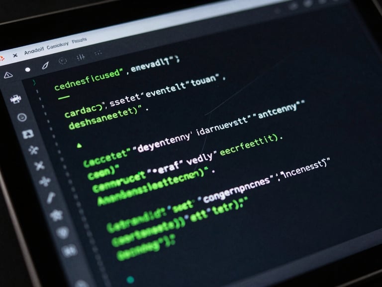 Close-up of a dark-themed Android terminal emulator UI on a tablet, showing monospace code, with bright green cursor and subtle geometric lines, moody studio lighting.