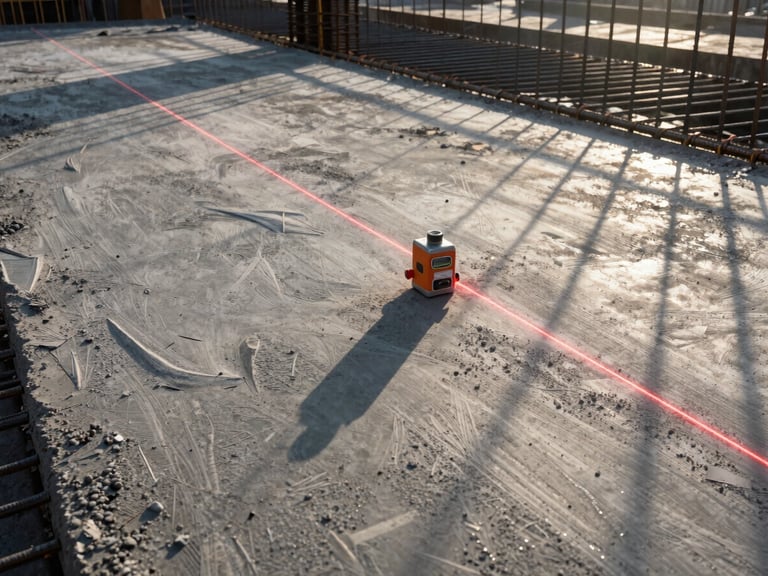 Low-angle heroic shot of a freshly poured structural concrete slab at dawn, a laser level casting a sharp red alignment line across the textured surface, steel rebar grids visible in the background, high-contrast morning sunlight casting long dramatic shadows, gritty industrial photography, 35mm lens
