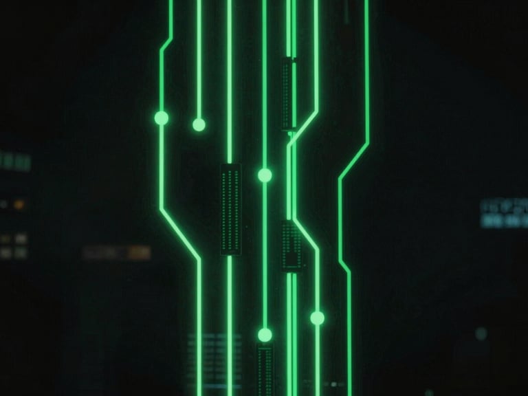 dark atmospheric photography, glowing neon green data nodes, low-key cybernetic lighting, ultra-modern corporate aesthetic, 35mm