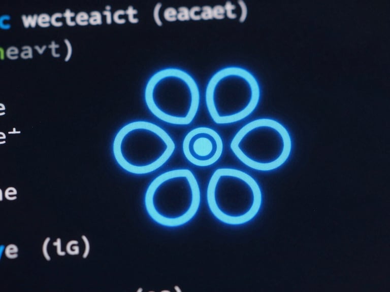 Extreme close-up of clean React code on a dark screen with neon blue highlights, moody ambient lighting, macro lens