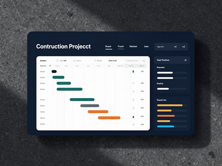 A crisp flat-lay digital interface mockup showing a construction project dashboard with gantt charts, budget tracking, and real-time milestone progress bars, deep navy tones