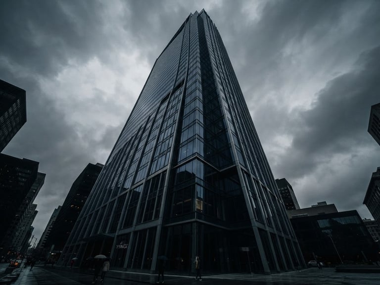 Low-angle exterior shot of a modern glass office tower reflecting dramatic overcast daylight, deep architectural navy shadows, sharp structural lines, 35mm photography.