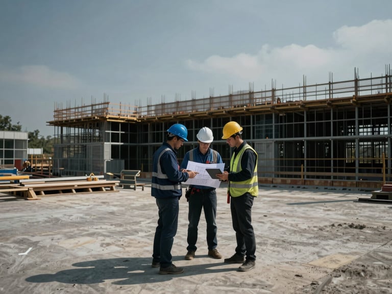 An engineering team in hardhats analyzing technical drawings on an iPad on an active construction site, cool overcast daylight, architectural shadows