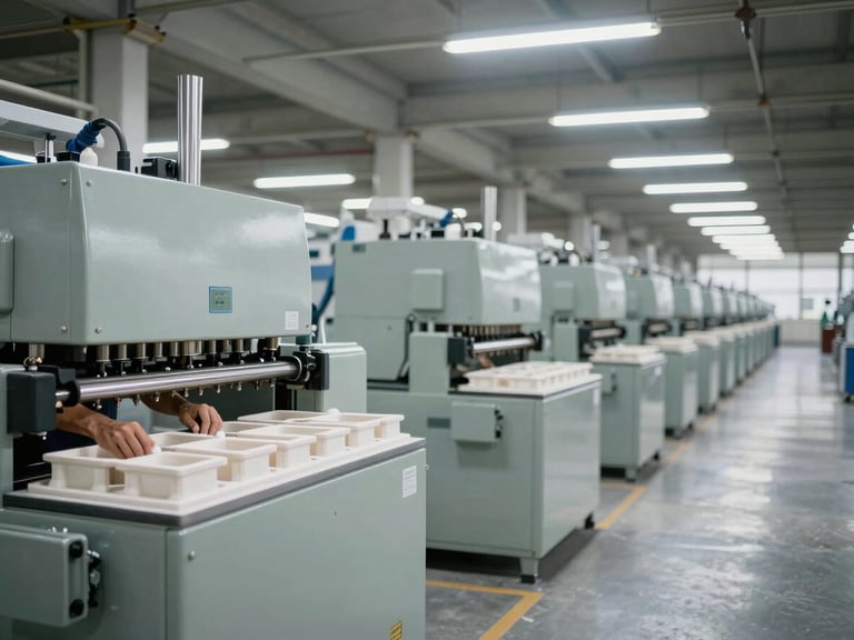 Wide factory floor panorama in a Morbi sanitaryware plant, hands adjusting ceramic mold machinery in the foreground left, rows of industrial equipment extending to the right, bright overhead fluorescent industrial lighting, flat and even, no warmth, no faces visible
