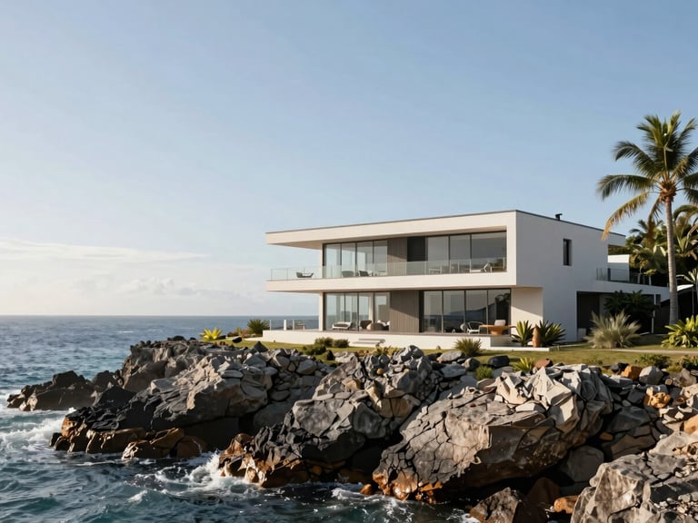 Architectural elevation of a modern house anchored to a rocky coastal cliff, dramatic ocean background, bright afternoon sun.