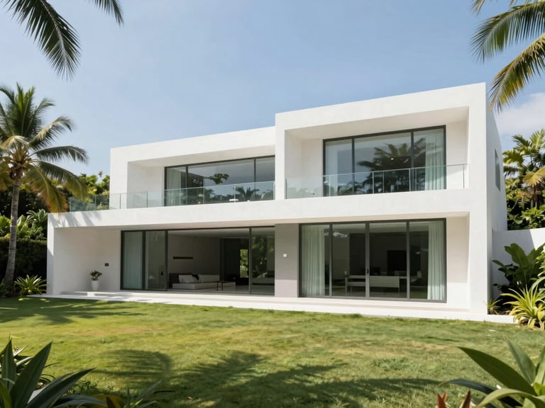 Wide shot of a completed luxury villa with white concrete walls, minimalist glass facade, manicured tropical gardens, bright daylight.