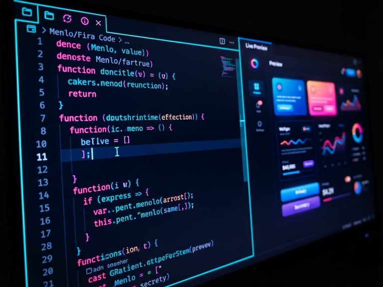 Sleek dark-mode UI rendering of a split-pane code editor on the left and a live preview on the right, glowing neon status accents, high-contrast obsidian tones, crisp macro focus