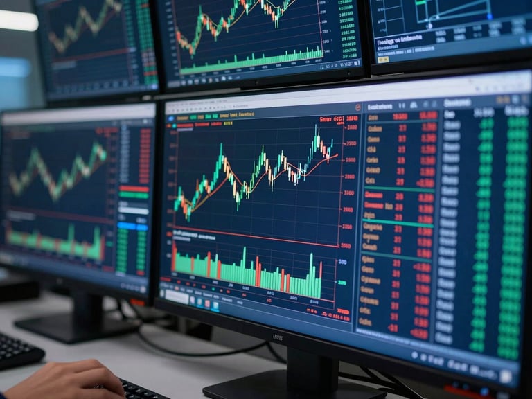 Close-up of a professional trading desk with multiple monitors displaying real-time candlestick charts and order books, cool ambient blue screen glow, shallow depth of field