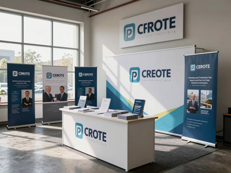 Wide environmental shot of a corporate event booth installation — branded roll-up banners and backdrops in situ, printed signage mounted on walls, stacked printed collateral on a display table, north-facing daylight through a venue window, no people visible, emphasizing the finished scale of the branding installation