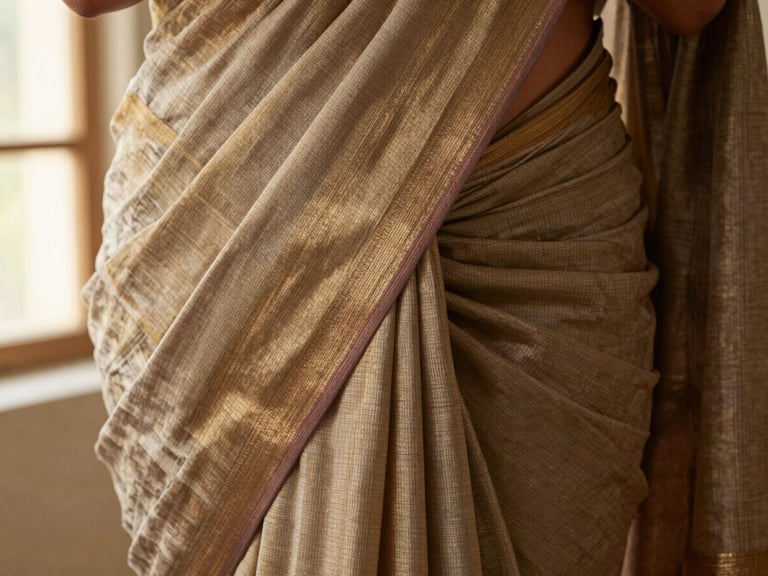 Close-up of a saree's raw silk edge, showing natural hand-spun thread variations, soft directional studio light, neutral background.