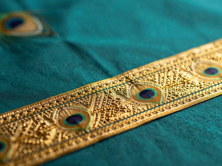 Macro photograph of a golden zari border on a peacock teal silk background, highlighting the dense metallic threads, shallow depth of field.