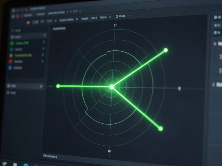 Close-up macro shot of a dark-mode developer interface displaying a radar chart of technical skills matching, neon green lines on deep dark gray, cool screen-glow, 35mm