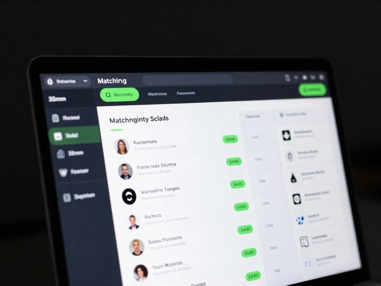 High-fidelity UI screenshot of a dark-mode job search dashboard, showing matching scores in neon green, clean list of tech roles, cool screen-glow lighting, sharp focus, 35mm