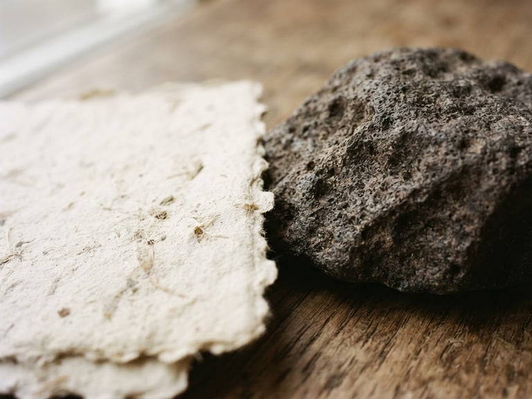 Macro photograph of textured handmade paper and raw dark stone under soft natural window light, warm editorial style, 35mm