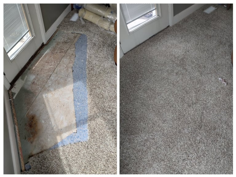 Before and after of this repaired carpet that was flood damaged in Provo, ut.
