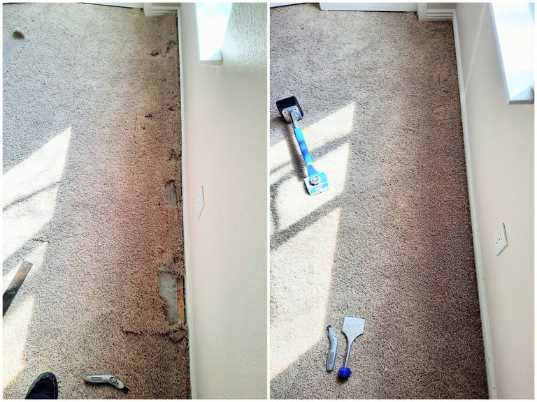 Bunnies dug this carpet out so it was repaired to look new again by Flooring R&R in Orem, UT.