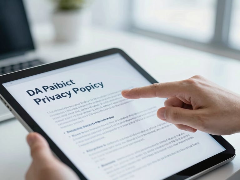 Close-up of a professional hand pointing at a data privacy policy document on a tablet, clean Dutch office background, bright natural overcast daylight, cool blue and neutral gray tones, sharp focus, 35mm