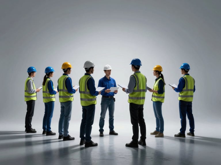 Still from an employer branding video, showing a construction team working safely and efficiently on site, sleek corporate photography, dramatic high-contrast studio lighting, deep shadows with electric blue accents, sharp focus, 35mm.