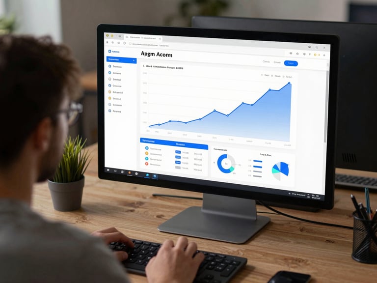 Modern desktop workspace with an over-the-shoulder view of a website analytics dashboard showing a positive growth chart