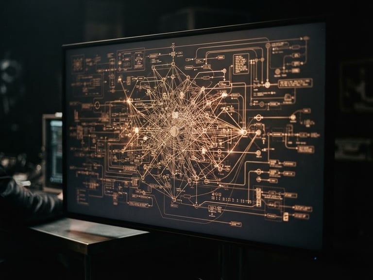 Cinematic noir photography of a high-resolution dark monitor screen showing complex financial flowcharts and network nodes in bronze light, shallow depth of field, chiaroscuro lighting, deep shadows, dark lead gray and bronze tones, high contrast, 35mm film