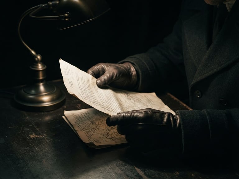 Cinematic noir close-up of hands in leather gloves holding a confidential document under a sharp desk lamp beam, deep chiaroscuro shadows, bronze tones