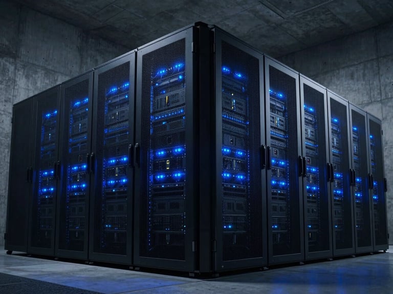 Wide, imposing architectural angle of brutalist concrete data center interior, rows of server racks with blue status LEDs, low-key cool blue lighting, 35mm lens.