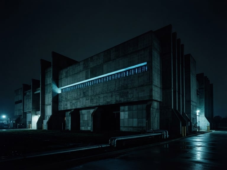 Wide panoramic brutalist concrete architecture housing a data center, with blue status LEDs visible through a narrow slit, low-key cool blue lighting, deep shadows, imposing architectural angles, 35mm lens.