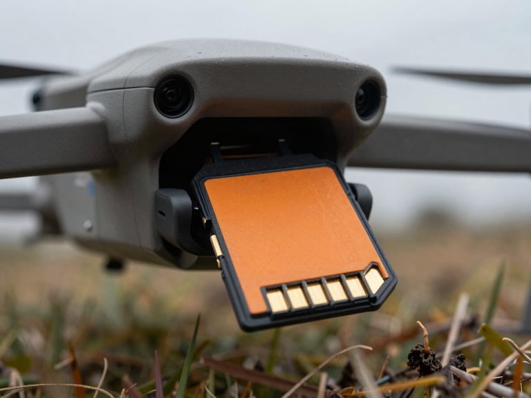 Macro close-up shot of a rugged microSD card with high-visibility orange branding being inserted into a DJI drone slot in cold, overcast field conditions, gold contact pins visible.