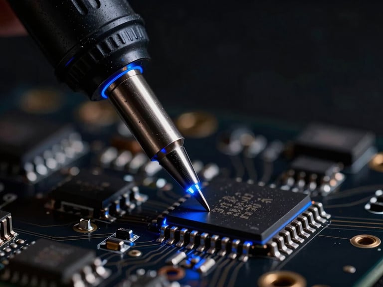 Extreme close-up of a precision soldering iron tip touching a micro-chip on a dark circuit board, dramatic low-key lighting with sharp electric blue rim highlights, metallic textures, 50mm lens