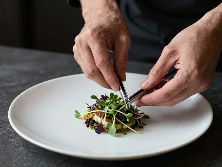 Hands of a chef carefully adjusting a microgreen garnish on an artisanal plate using tweezers, dark textured background, soft natural side lighting