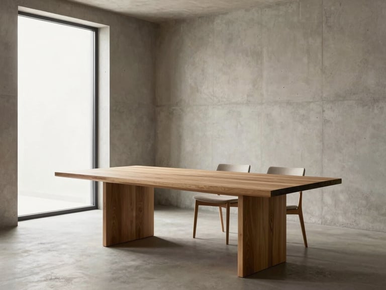 Minimalist dining room with warm oak table, concrete walls, soft natural light streaming through a large window, realistic proportions