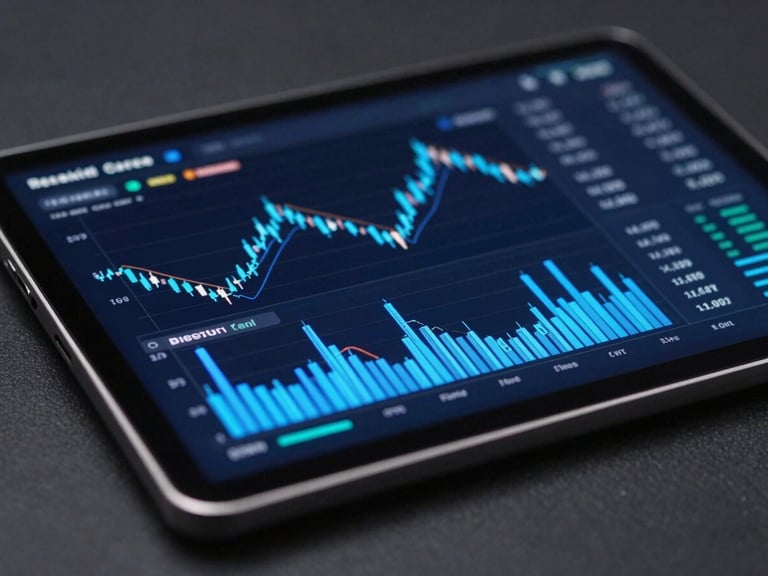 Angled profile of an Android tablet displaying a complex financial dashboard with electric blue data trails, shallow depth of field, sleek dark-mode technology photography