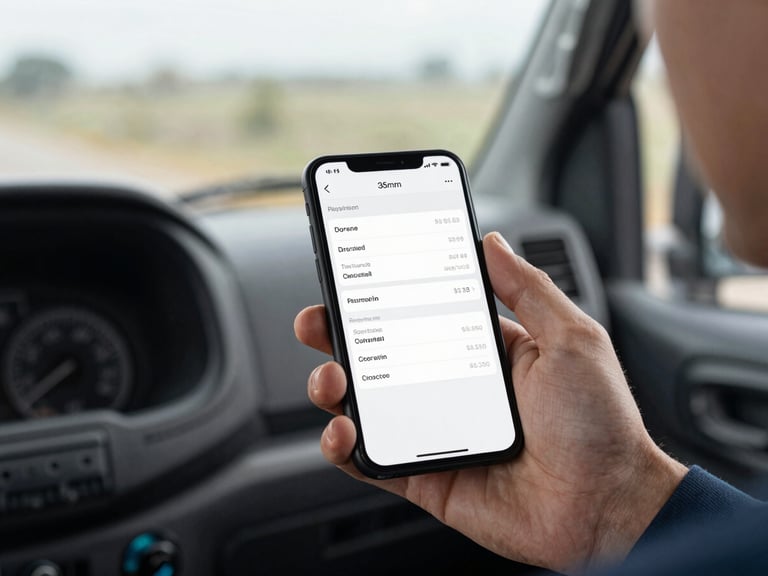 A close-up shot of a contractor's hand holding a smartphone in a truck cabin, displaying a clean mobile app interface with extracted receipt details, natural overcast daylight, 35mm
