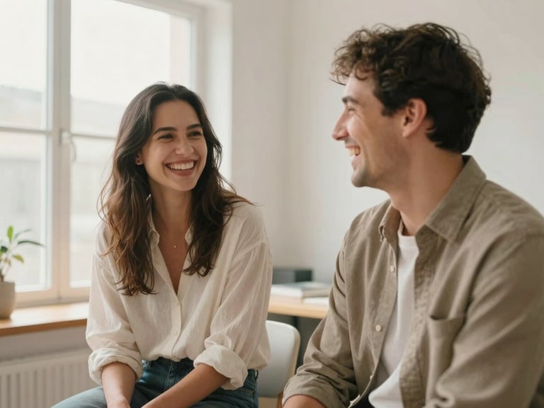 Candid, warm portrait of two business partners in casual attire laughing in a bright, modern studio space, soft natural daylight, desaturated earth tones